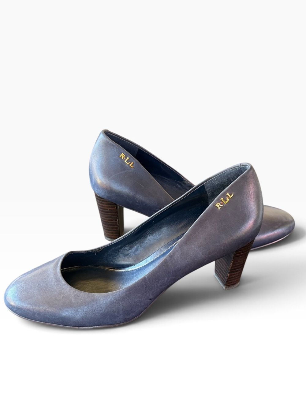 Ralph Lauren Vintage Embossed Navy Blue Leather Stacked Heel Dress Pumps